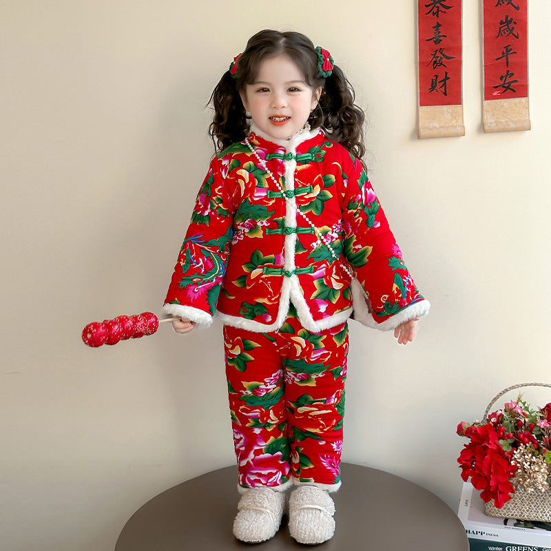Winter Girls Floral Jacket & Pants Thickened Two-Piece Set