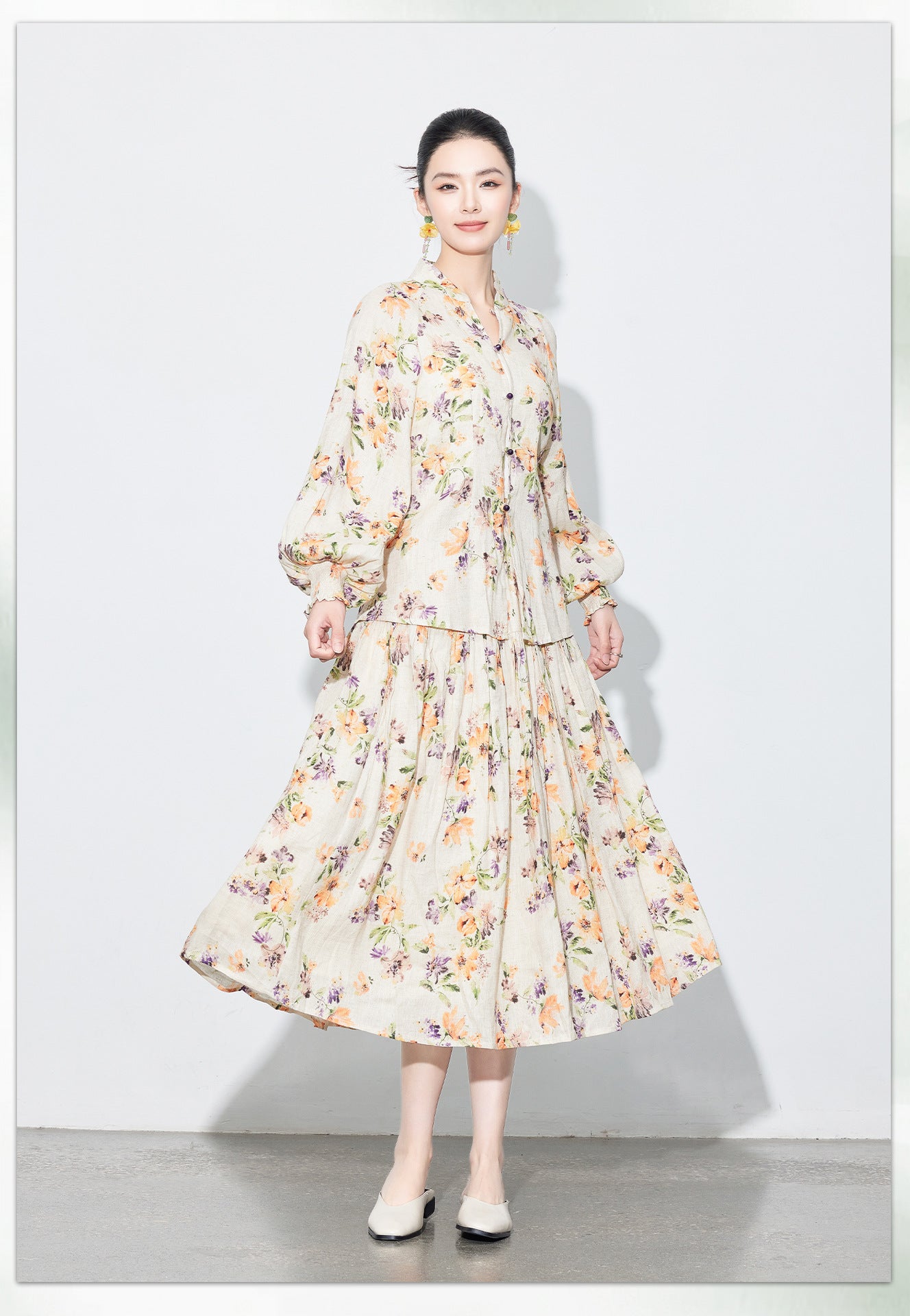 National Style Linen Floral Shirt & Skirt Two-Piece Set