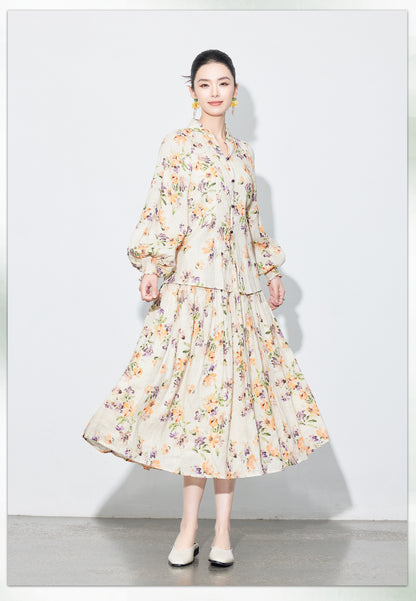 National Style Linen Floral Shirt & Skirt Two-Piece Set