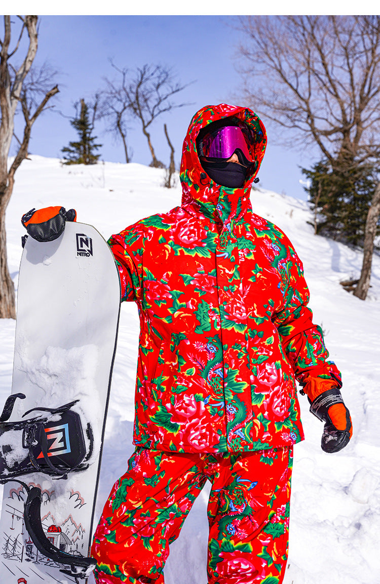 Men's Winter Ski Jacket Printed Floral Plus Size Warm Cotton Suit