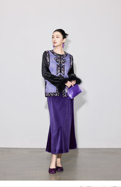 Chic Vintage High-Waist Velvet Long Skirt