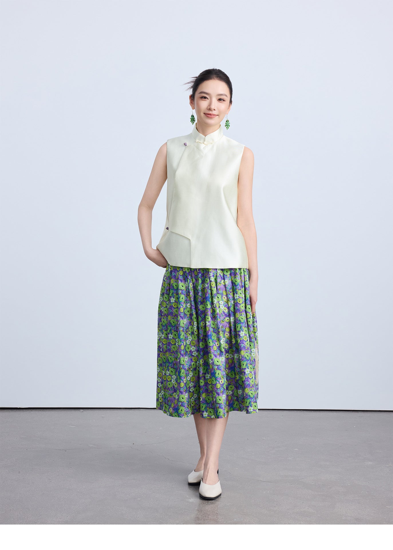 High-End Green Floral Midi Skirt with Elastic Waist