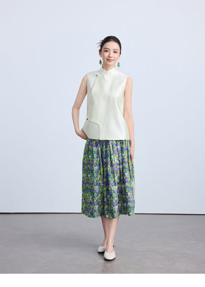 High-End Green Floral Midi Skirt with Elastic Waist