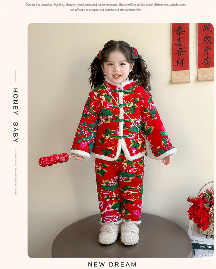 Winter Girls Floral Jacket & Pants Thickened Two-Piece Set