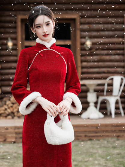 2025 New Improved Qipao – Warm Red High-End Autumn Winter Style