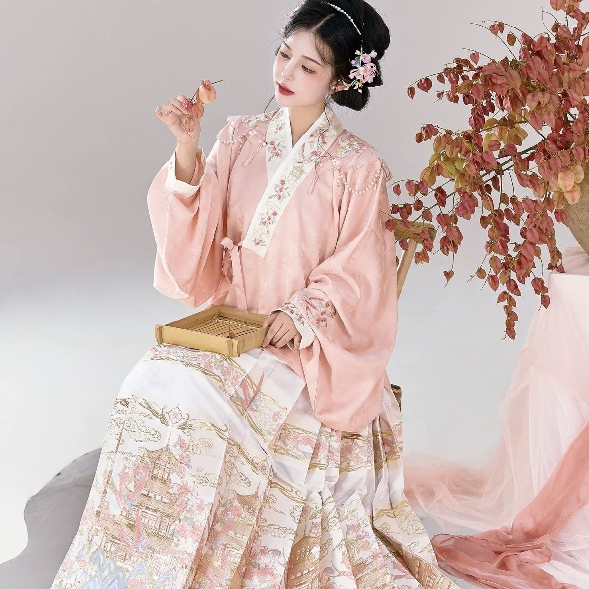 Han-Yang Mixed Hanfu Set 2025 New Ming Style Pipa Sleeve Brocade Horse Face Skirt