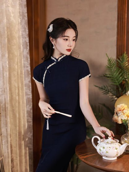 Navy Blue Old Shanghai Cheongsam – Mid-Length Summer Dress