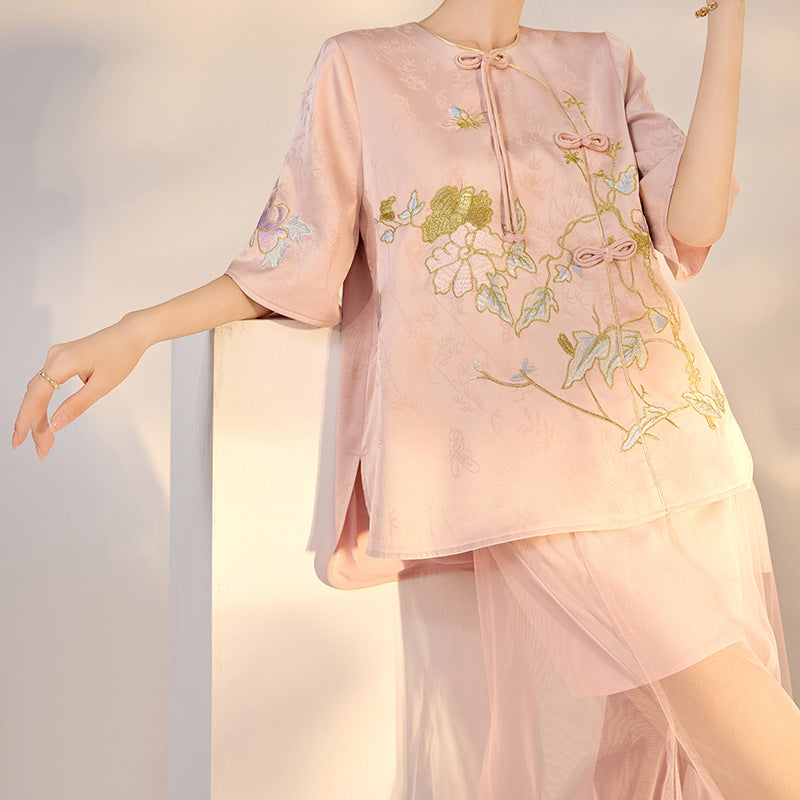 Summer New Chinese Style Embroidered Printed Top and Skirt Set