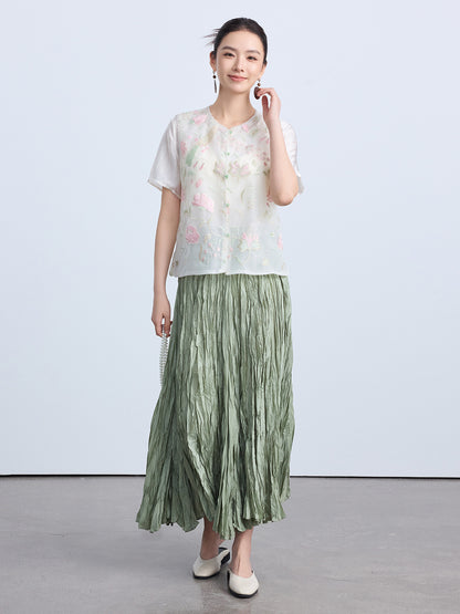 High-Waist Pleated Midi Skirt with Elastic Waist
