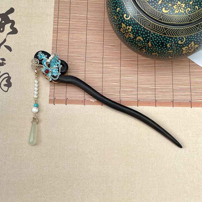 Ancient Style Imitation Jade Burnt Blue Butterfly Double Sided Hairpin