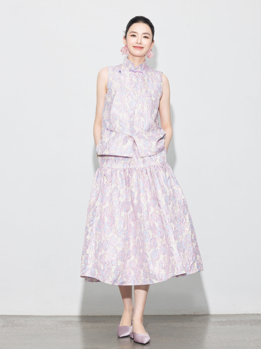 Brocade Jacquard Heavy Craft Puff Skirt & Vest Set for Autumn