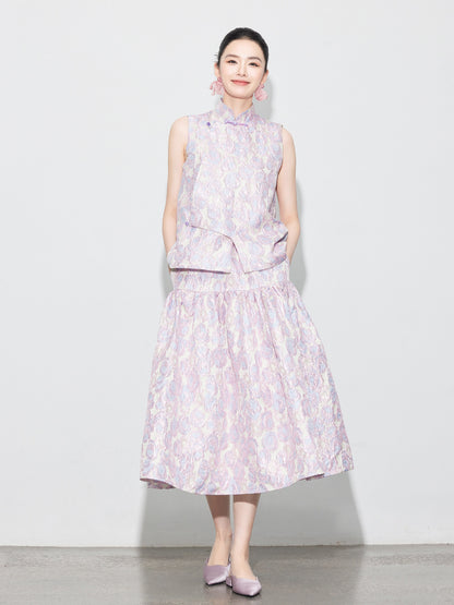 Brocade Jacquard Heavy Craft Puff Skirt & Vest Set for Autumn