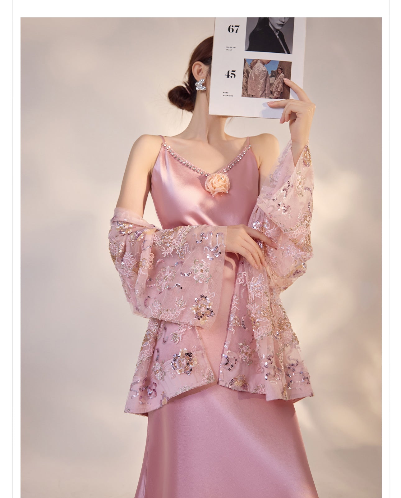 French Style Pink 3D Rose Acetate Strap Dress Elegant Long Gown