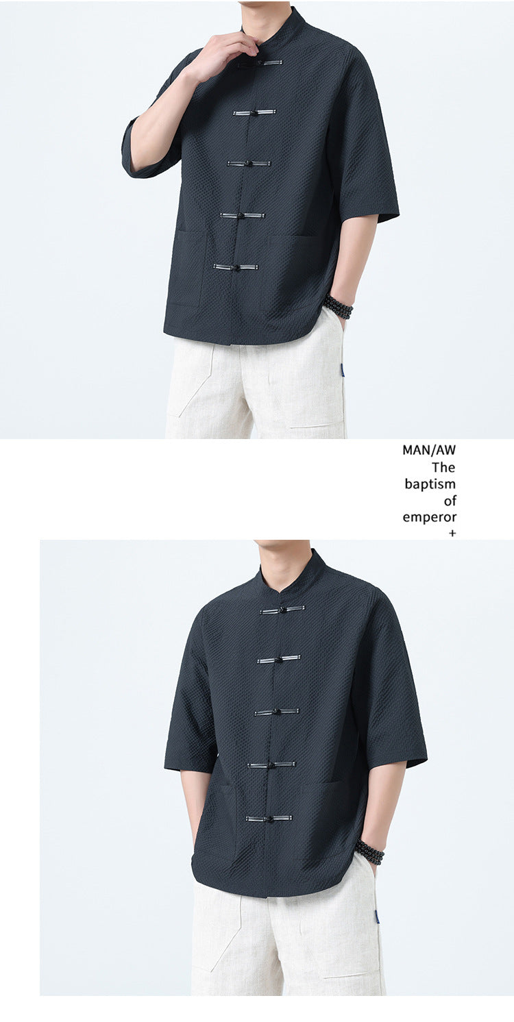 Mens Chinese Cotton Linen Shirt Retro Stand Collar Tang Suit Top