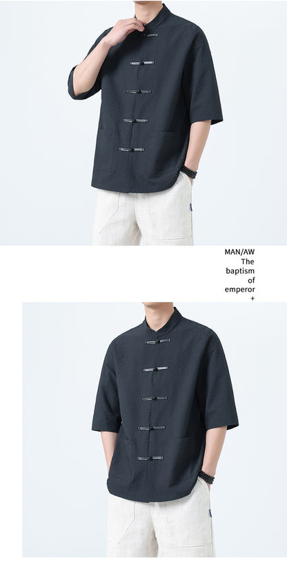 Mens Chinese Cotton Linen Shirt Retro Stand Collar Tang Suit Top