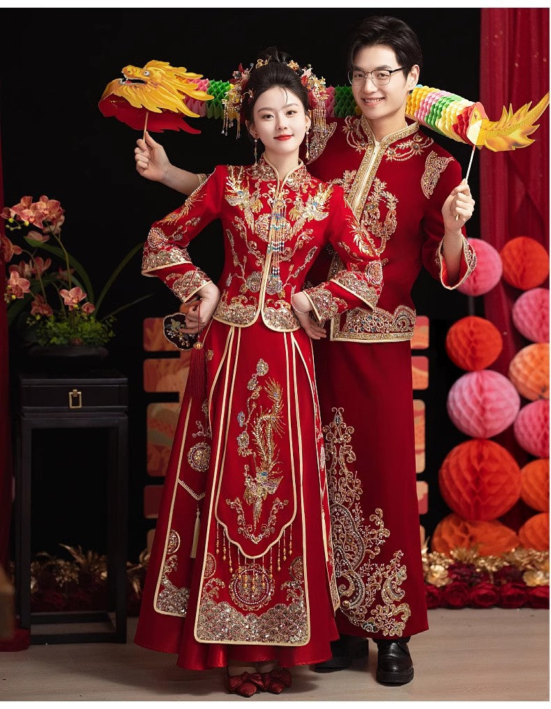 Chinese Wedding Xiuhe Dress Bride Velvet Toast Suit Set
