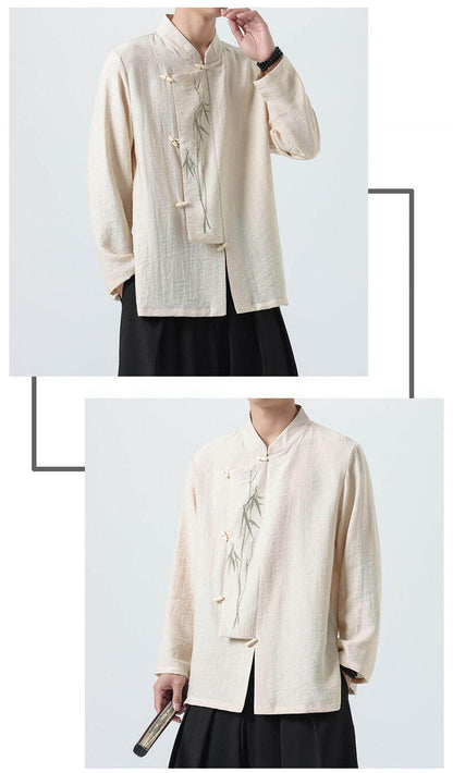 Chinese Style Mens Slanted Collar Hanfu Shirt Long Sleeve Tea Dress