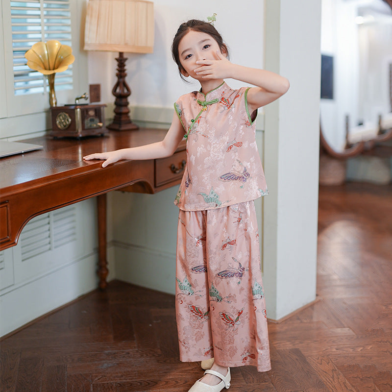 Retro Chinese Style Girls Two-Piece — Summer Cheongsam Top & Skirt