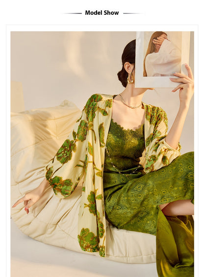 Velvet Burnout Jacket & Printed Cardigan Dress Set for Autumn