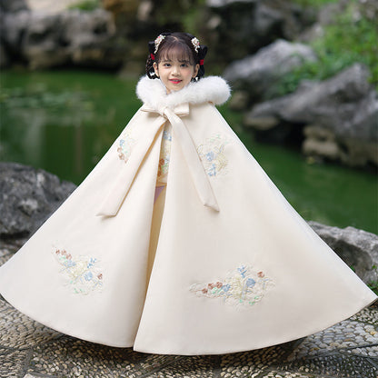 Girls' Winter Hanfu Cloak with Fur Collar Hooded Fairy Cape