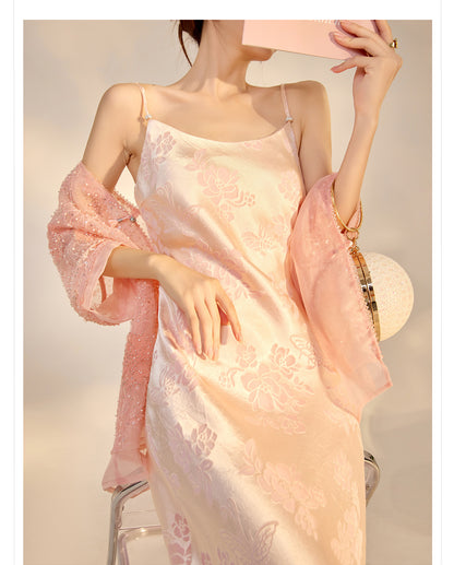 Elegant National Style Rayon Jacquard Embroidered Long Camisole Dress