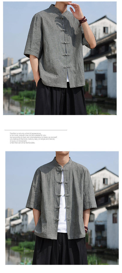 Chinese Style Mens Metal Button Jacquard Tang Shirt Summer Hanfu Top