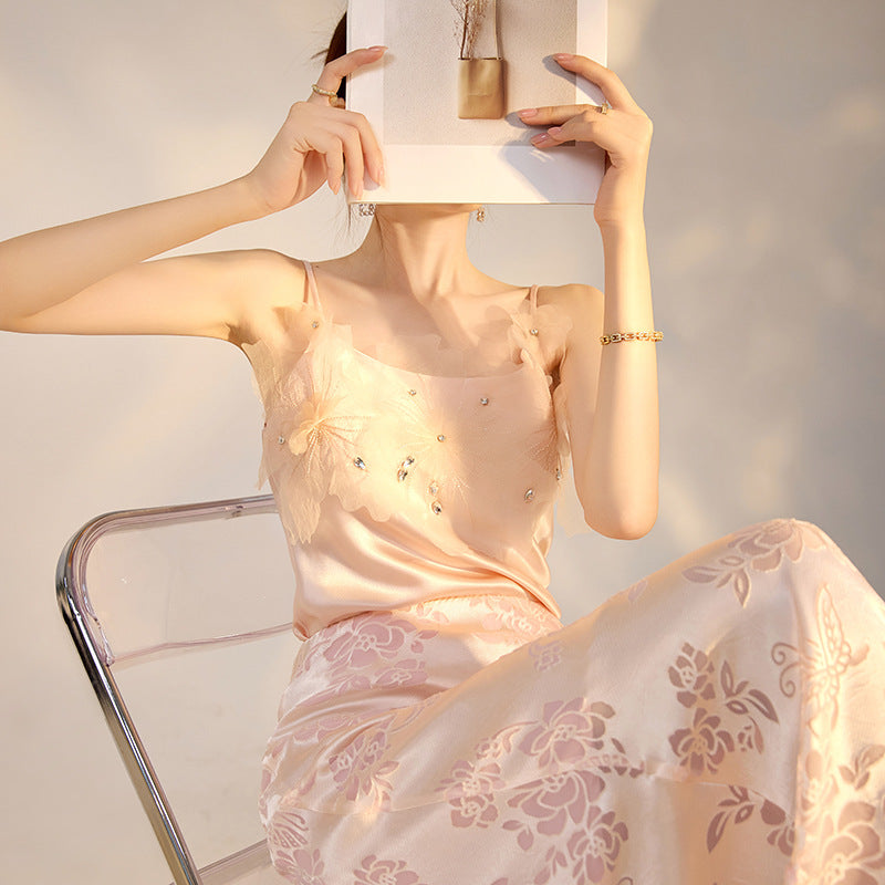 New Chinese Style Beaded Floral Acetate Top | Elegant Short Camisole