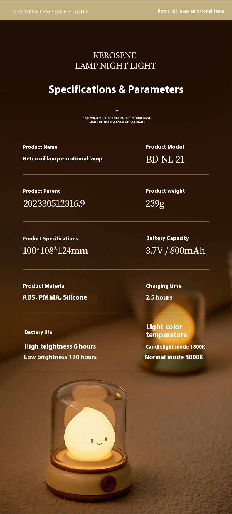 USB Rechargeable Night Light Vintage Oil Lamp Soft Light for Bedroom