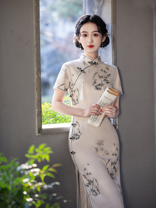 Asymmetrical Long Cheongsam – High-End Elegant Daily Dress