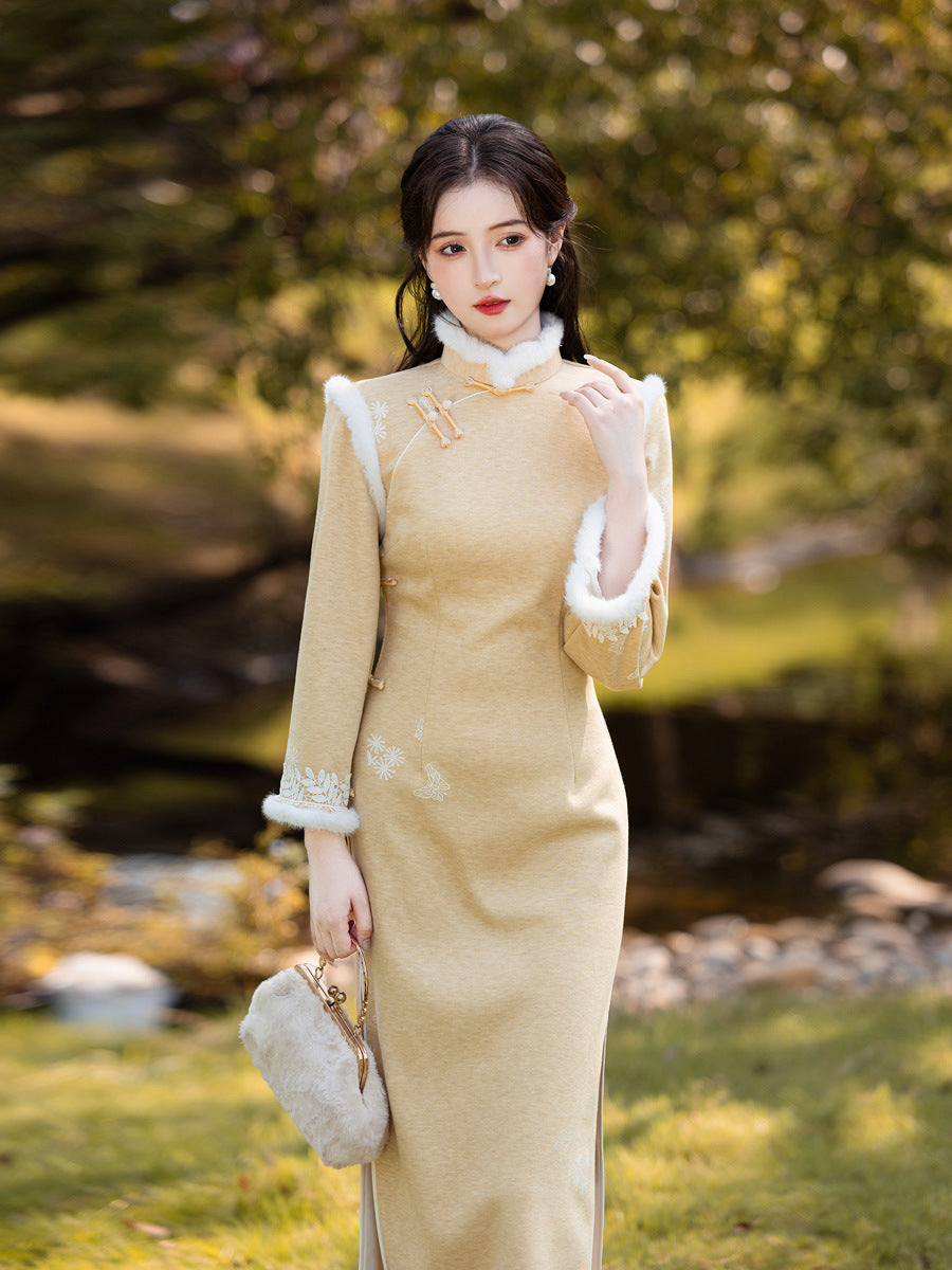Long Sleeve Crystal Velvet Qipao | Winter Thickened Fleece Lined Dress