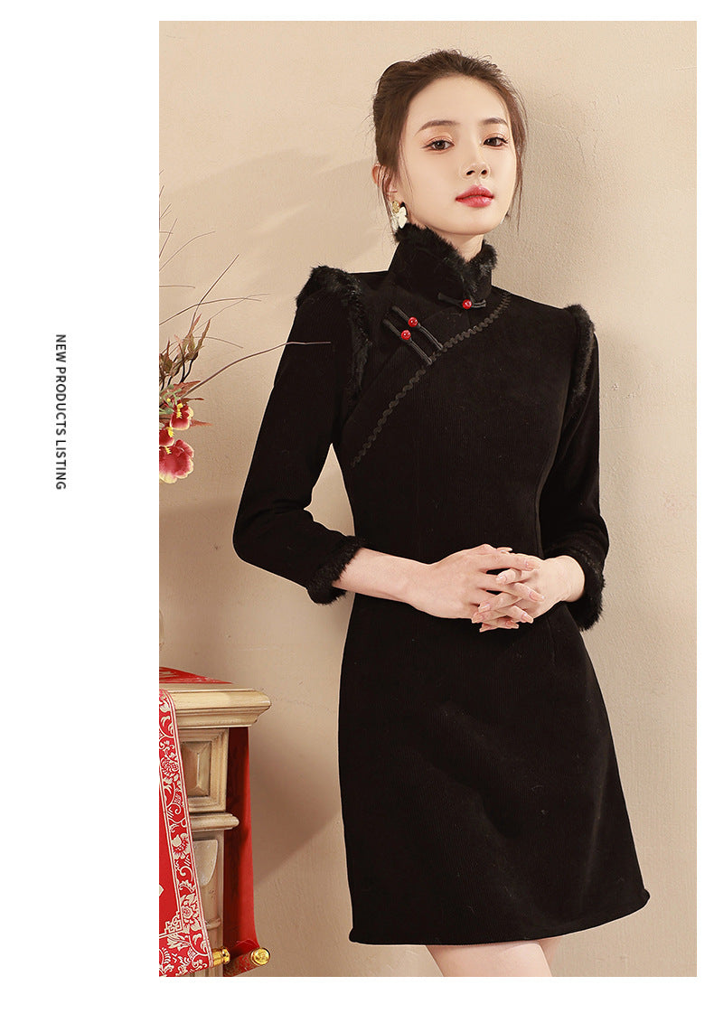 Red Winter Short Qipao Jacket | Fleece-Lined Thickened New Year Dress