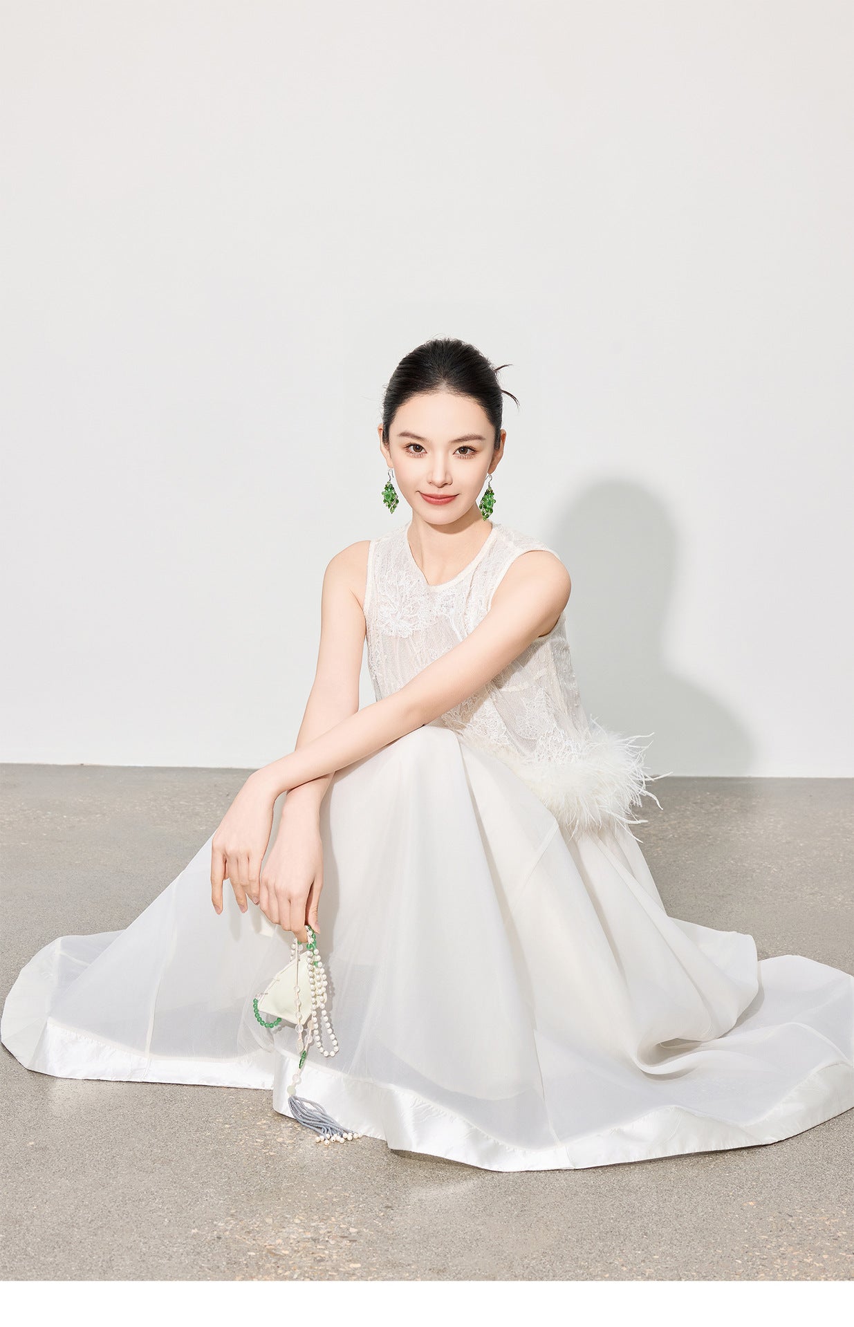 Double-Layer Mesh Patchwork Long Skirt with Elastic Waist