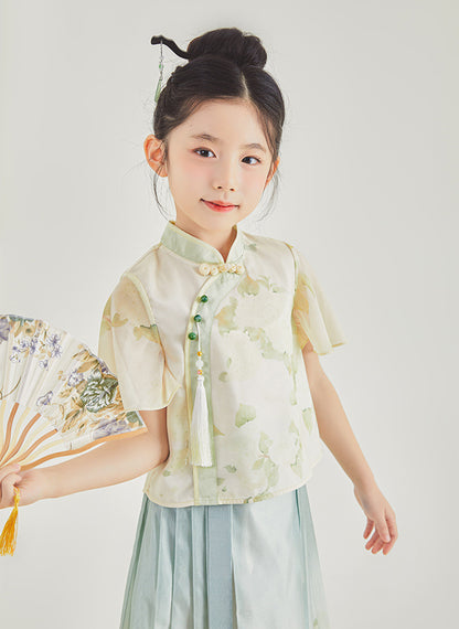 New Chinese Style Girls Outfit — Short Sleeve Shirt & Pleated Skirt