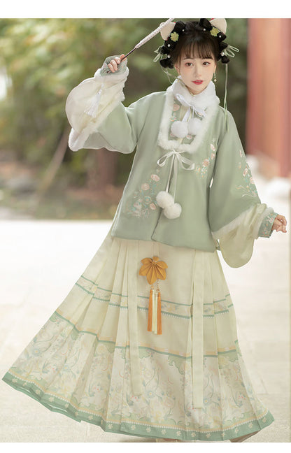 Trees of Sea Women Ming Hanfu Set: Embroidered Stand Collar Jacket & Horse Face Skirt New Year