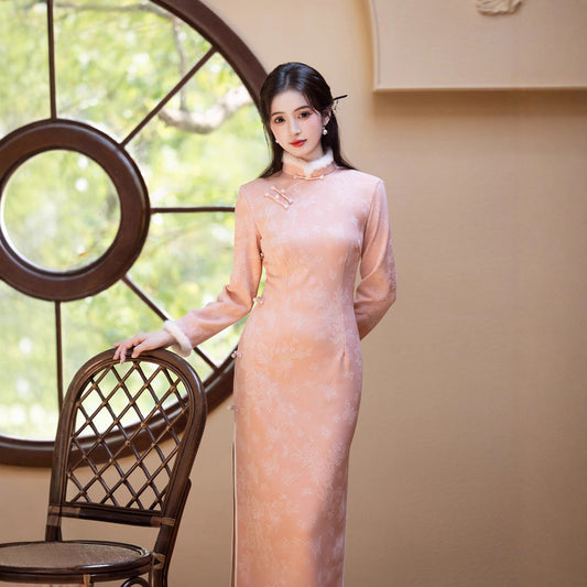 2025 Pink Velvet Cheongsam | New Chinese Style Warm Winter Dress
