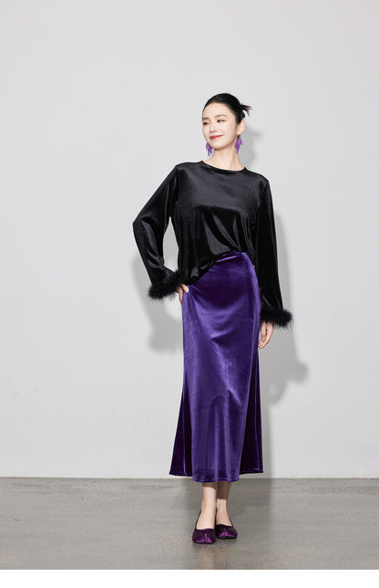 Chic Vintage High-Waist Velvet Long Skirt
