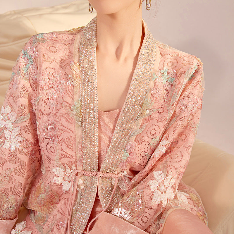 Spring New Chinese Style Velvet Sequin Embroidered Mesh Blouse