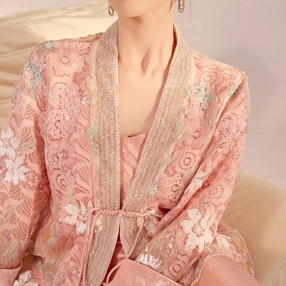 Spring New Chinese Style Velvet Sequin Embroidered Mesh Blouse