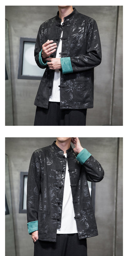 Chinese Style Mens Retro Tang Suit Button Printed Velvet Coat