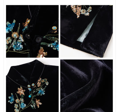 Elegant New Chinese Satin Floral Sequin Loose Black Top