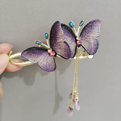 Blue Enamel Hair Clip Chinese Style Pearl Tassel Butterfly Hairpin