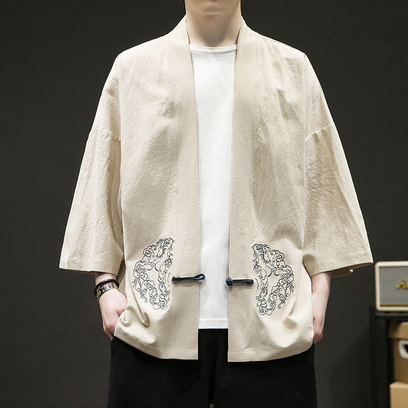 Mens Chinese Style Layman Hanfu Jacket Summer Zen Tea Robe Retro Top