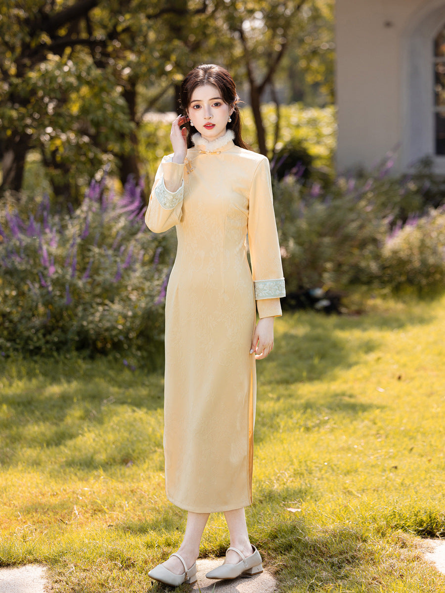 Yellow Fleece-Lined Long Sleeve Qipao | Winter New Chinese Style 2025