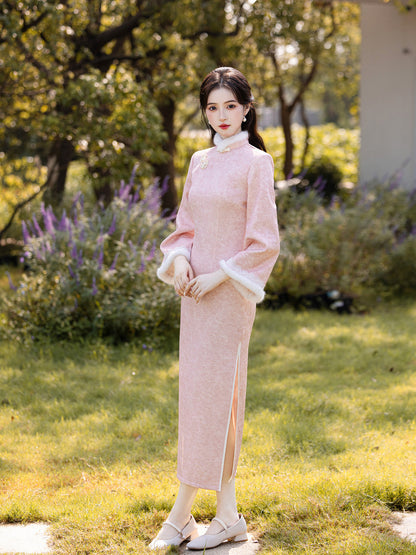 2025 New Pink Chinese Style Qipao | Warm Elegant Thickened Winter Dress