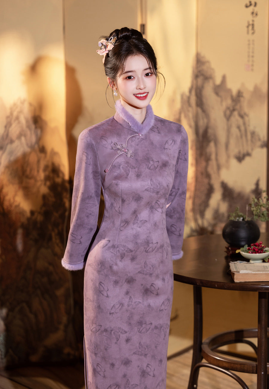 2025 New Chinese Cheongsam – Youthful Elegant Purple Winter Dress