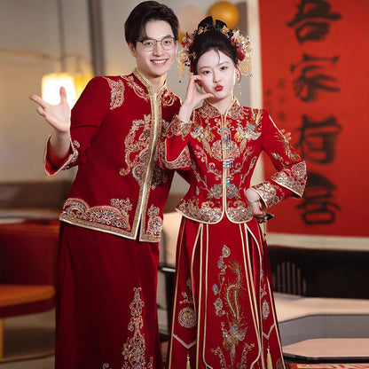 Chinese Wedding Xiuhe Dress Bride Velvet Toast Suit Set