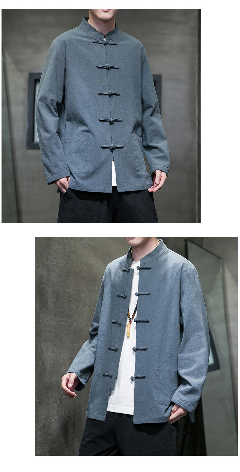 Mens Autumn Chinese Style Hanfu Tang Suit Button Up Cotton Linen Top