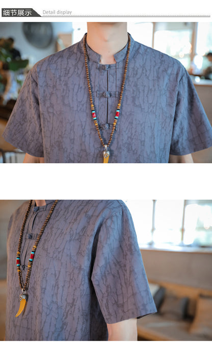 Chinese Style Mens Cotton Linen Tang Suit Short Sleeve Casual T Shirt