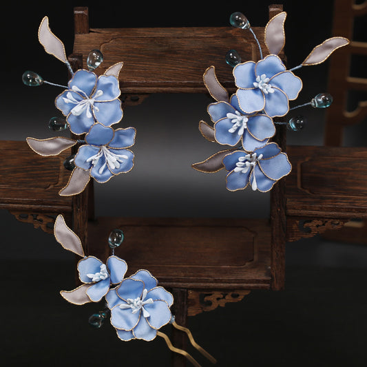 Blue ancient style filigree headdress Hanfu hairpin Chinese hair fork