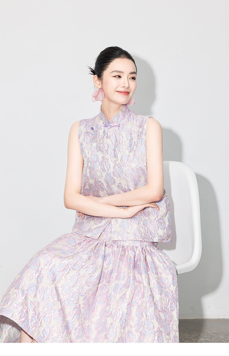 Brocade Jacquard Heavy Craft Puff Skirt & Vest Set for Autumn